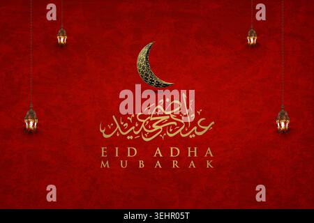 Eid al Adha Moubarak élégant avec calligraphie arabe dorée, croissant de lune décoratif et lanternes islamiques suspendues. Illustration de Vecteur