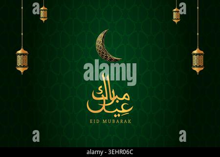 Beau fond de célébration islamique avec des lanternes suspendues incandescentes, calligraphie arabe dorée luxueuse, ornement de lune en croissant et dos vert foncé Illustration de Vecteur