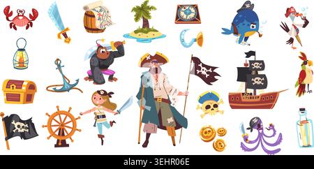 Coffret d'aventure pirate. Childish pirates carte au trésor dans la bouteille, capitaine coffre or navire de mer perroquet corsair crâne drapeau boussole voilier ancre océan île classe illustration vectorielle illustration originale Illustration de Vecteur