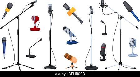 Microphones de dessins animés. Stand micro studio, enregistrement chanter équipement radio podcast audio voix son médias musique karaoké performance vocale isolé mike illustration vectorielle qualitative illustration originale Illustration de Vecteur