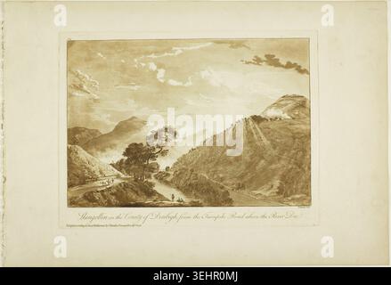 Llangollin dans le comté de Denbigh, de la route à péage au-dessus de la rivière Dee par Paul Sandby, 1776, représentant un paysage de vallée pittoresque avec une rivière sinueuse, des montagnes et des arbres solitaires Banque D'Images