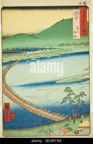 Province d'Etchu : Pont ponton à Toyama par Utagawa Hiroshige, 1853, représentant un pont ponton en bois courbé enjambant une large rivière avec des figures et des bâtiments le long du rivage Banque D'Images