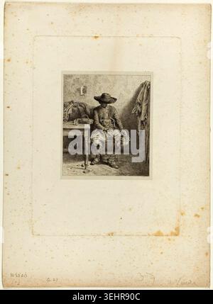 The Broken Crock de Charles Émile Jacque, 1844, représentant une figure assise dans un chapeau à larges bords tenant un tissu dans un cadre domestique intérieur Banque D'Images