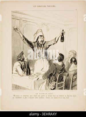 Un dernier toast ! Par Honoré Daumier, 1843, représentant un batelier levant une bouteille en célébration parmi des compagnons assis, offrant un toast humoristique aux femmes et au veau froid Banque D'Images