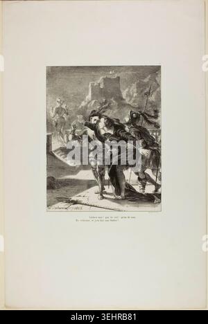 Hamlet à la poursuite du fantôme de son père, planche 2 de Hamlet par Eugène Delacroix, 1835, représentant le prince poursuivant la figure spectrale de son père à travers une cour du château la nuit Banque D'Images