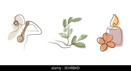 Une collection d'illustrations élégantes d'une ligne montrant une personne écoutant de la musique, une main tenant une plante, et une bougie allumée avec une fleur. Illustration de Vecteur
