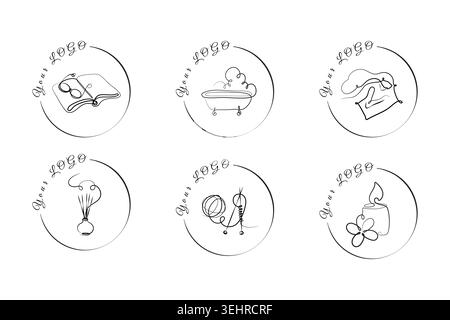 Une collection de six logos d'art simples d'une ligne affichés en cercles. Illustration de Vecteur