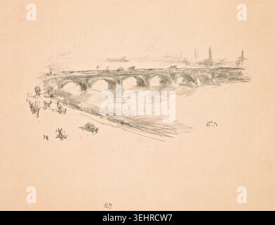 En soirée, Little Waterloo Bridge de James McNeill Whistler, 1896, représentant un pont voûté enjambant une rivière avec un paysage urbain lointain et des figures sur les rives Banque D'Images