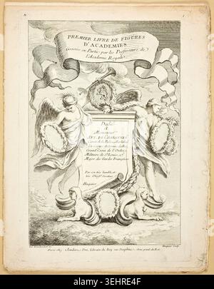 Figure (recto et verso), extraite du premier livre de figures d'Académies de Gabriel Huquier, publié en 1737, représentant des figures allégoriques ailées flanquant un cartouche ornemental avec un texte de dédicace et une tête de lion Banque D'Images