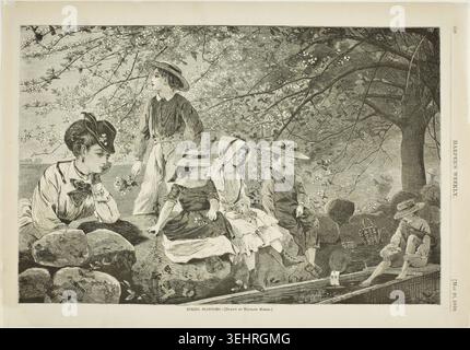 Spring Blossoms de Winslow Homer, 1870, représentant une famille jouissant de loisirs sous des arbres fleuris au bord d'une rivière, avec des femmes et des enfants en robe d'époque assis et debout dans un cadre pastoral printanier Banque D'Images