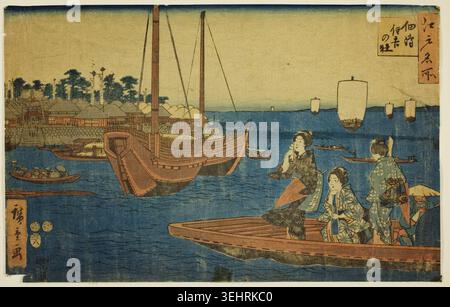 Soirée sur la rivière Sumida par Utagawa Hiroshige, représentant des femmes et des serviteurs dans un bateau sur une rivière avec des navires marchands et des bateaux fonciers dans le port au-delà Banque D'Images