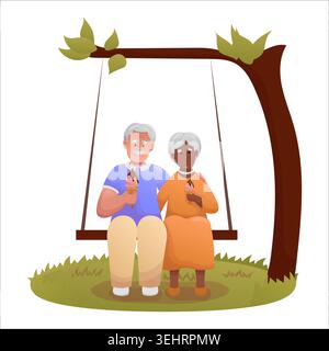 Mignon couple âgé balançant sur balançoire. Des aînés heureux passant du temps dehors ensemble Illustration de Vecteur