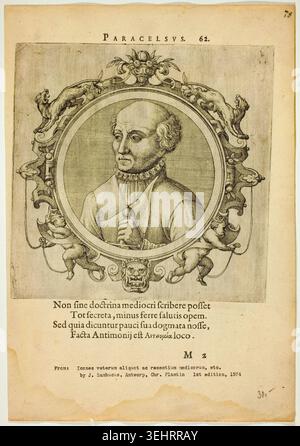 Portrait de Paracelse par Johannes Sambucus, 1574, représentant le médecin et alchimiste suisse en vue de trois-quarts portant un collier à volants et tenant un objet sphérique, encadré par une bordure Renaissance ornée avec des putti et des fleurs décoratives Banque D'Images