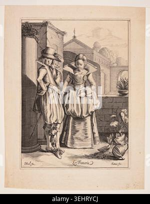 Le François de Cornelis van Kittensteyn d'après Dirck Hals, v. 1620–40, représentant un couple bien habillé en conversation dans une cour à l'architecture classique Banque D'Images