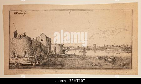 Walled Town, Left of a River by Esaias van den Velde, I, v. 1610-1630, représentant une colonie fortifiée au bord de la rivière avec des bateaux et des personnages sur l'eau Banque D'Images