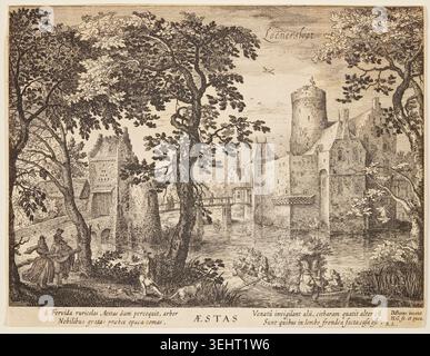 Loenersloot - été, depuis les saisons, vue des châteaux dans les environs d'Amsterdam par Hessel Gerritsz d'après David Vinckboons, 1610, représentant un château fortifié au bord de la rivière encadré par des arbres feuillus avec des figures relaxantes au bord de l'eau Banque D'Images