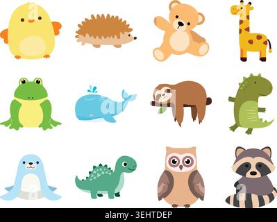 Un ensemble d'illustrations plates colorées mettant en scène des personnages d'animaux mignons Illustration de Vecteur