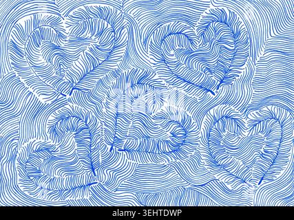 Motif abstrait de coeurs dans des couleurs bleues et blanches. Illustration graphique stylisée réalisée avec de fines lignes ressemblant à des plumes ou des vagues. Idéal pour la Saint-Valentin, salutations, conception de mariage, impression. Banque D'Images