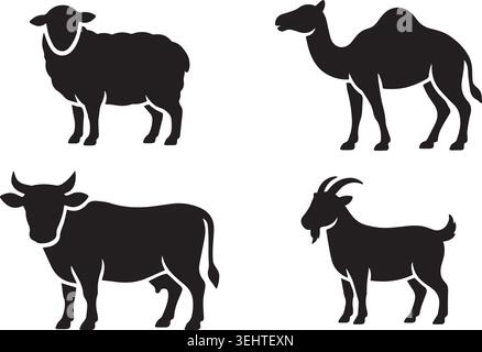 Collection de silhouettes d'animaux de ferme isolées sur blanc comprenant mouton, chameau, vache et chèvre Illustration de Vecteur