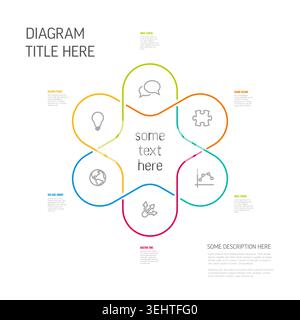 Modèle d'infographie d'entreprise moderne avec six étapes arrondies minces dans un flux circulaire. Cette infographie colorée utilise des lignes et des icônes pour représenter Illustration de Vecteur