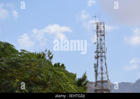 Une grande tour de communication se dresse bien en vue au milieu d'arbres verdoyants contre un ciel bleu vif rempli de nuages moelleux dans un paysage montagneux. Banque D'Images