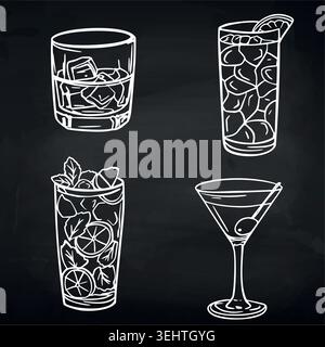 Verres à cocktail assortis dessinés à la craie sur fond de tableau noir Illustration de Vecteur