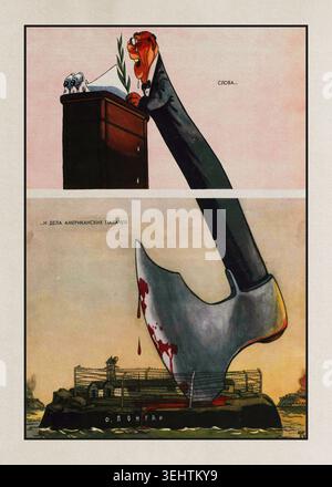 « Les paroles et les actes des bourreaux américains. » Légende sur l’image : « Île de Pongam-do ». Caricature représentant la répression d’une mutinerie par des soldats des armées nord-coréenne et chinoise sur l’île de Pongam-do — affiche de propagande anti-américaine dans le magazine satirique soviétique “Krokodil” (crocodile), URSS, numéro 2, 20 janvier 1953 Banque D'Images