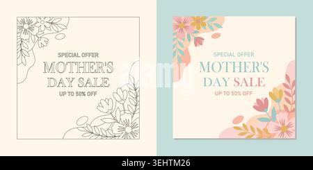 Modèles de publication de médias sociaux de vente de fête des mères avec des illustrations florales, des dessins au trait élégants et des bannières florales de conception plate colorées Illustration de Vecteur