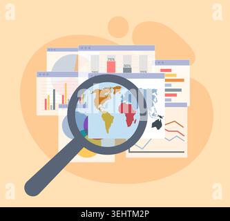 Surveillance de l'entreprise. Panneau graphique basé sur le Web, rechercher les informations nécessaires et analyser les rapports, loupe sur la visualisation de la carte du monde Illustration de Vecteur