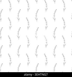 Motif de brins de lavande sans couture avec des tiges minces, de petites fleurs et des feuilles allongées dans l'art minimaliste de la ligne noire, disposés en diagonale sur blanc Illustration de Vecteur