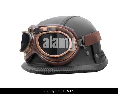 Casque de moto de style aviateur en cuir noir avec lunettes steampunk isolé sur fond blanc Banque D'Images