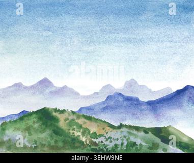 Paysage aquarelle peint à la main avec des crêtes de montagne bleues brumeuses et violettes sous un ciel bleu serein, avec des collines vertes texturées au premier plan Banque D'Images