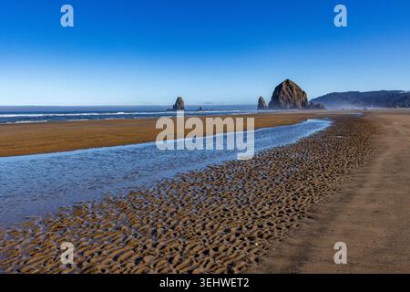 Cannon Beach à marée basse avec Haystack Rock en arrière-plan Banque D'Images