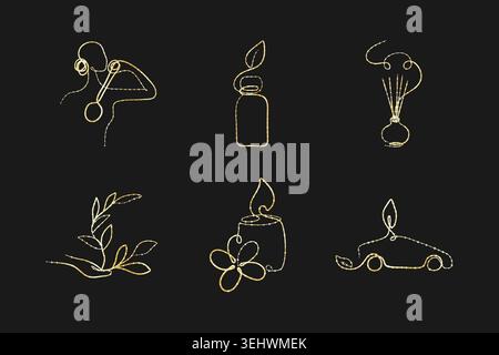 Dessins d'art en ligne continue dorée sur un fond sombre. Ils montrent une personne avec des écouteurs, bouteille d'huile essentielle, diffuseur, main avec plante, bougie avec fleur, et éco-voiture. Illustration de Vecteur