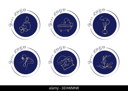 Six logos ronds bleu foncé affichent d'élégantes illustrations au trait doré. Les conceptions comprennent une bougie allumée, baignoire, diffuseur de roseau, traitement spa, chef, et une main avec une branche végétale. Illustration de Vecteur