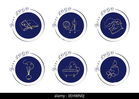 Un ensemble de six logos circulaires uniques représentant des lignes d'or délicates sur fond bleu foncé. Illustration de Vecteur