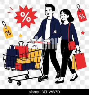 Concept de vente de supermarché avec jeune couple heureux poussant le chariot plein de boîtes et de sacs Illustration de Vecteur