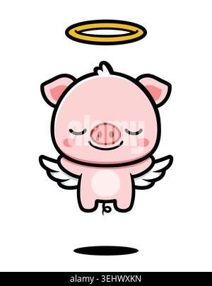 Cute Pig Angel Cartoon personnage, mascotte animal Kawaii avec ailes et halo Illustration de Vecteur