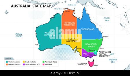 Carte vectorielle politique colorée de l'Australie montrant ses états et territoires avec des couleurs distinctes, les capitales, les océans environnants et une légende Illustration de Vecteur
