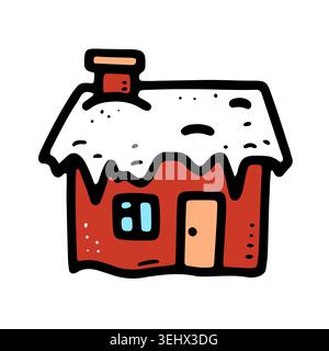 Doodle maison d'hiver avec de la neige sur le toit. Chalet confortable dessiné à la main avec fenêtre, porte isolée sur fond blanc. Maison de village de Noël, vacances saisonnières Illustration de Vecteur