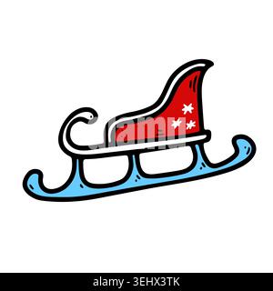 Doodle Santa traîneau avec siège de couleur rouge, coureurs. Transport d'hiver dessiné à la main isolé sur fond blanc. Symbole de vacances de Noël, décorat du nouvel an Illustration de Vecteur