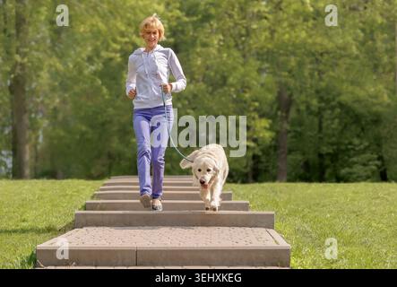 Femme avec chien en laisse marchant vers le bas des marches du parc dans le parc urbain de la ville, joie de la promenade extérieure agréable, activités de style de vie Banque D'Images