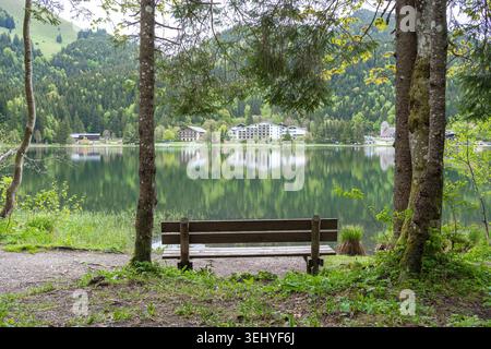 Banc en bois vide sur le bord d'un lac de montagne entre de grands arbres. Endroit paisible pour se détendre et regarder le paysage alpin pittoresque reflet Banque D'Images