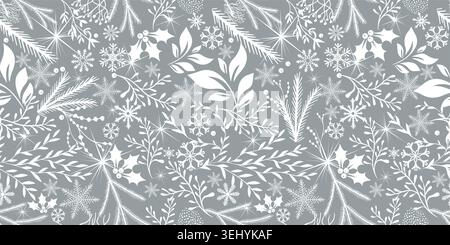 Fond de Noël monochrome gris et blanc sans couture avec flocons de neige, branches et cerfs. Pas IA. Illustration vectorielle Illustration de Vecteur