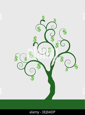 Arbre à argent vert stylisé avec des feuilles de signe dollar sur un fond neutre véhiculant la croissance financière, l'investissement, la richesse, l'épargne, la prospérité Illustration de Vecteur