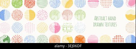 Fond abstrait de motifs abstraits ronds dessinés à la main. Doodle taches, gouttes pinceau coups de crayon courbes lignes griffonner des formes de cercle. Affiches de modèles graphiques à la mode illustration de modèle de médias sociaux Illustration de Vecteur