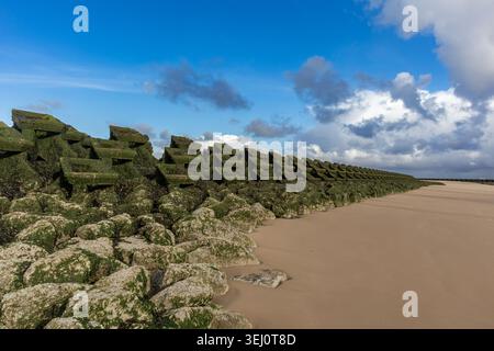 Mur de mer en béton recouvert d'algues avec blocs étagés emboîtés s'étendant le long de la plage de New Brighton sous le ciel bleu avec des nuages spectaculaires Banque D'Images