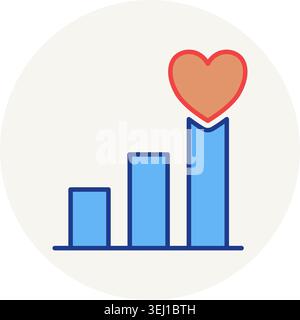 Graphique à barres croissant avec symbole d'icône de ligne de coeur de statistiques de santé de croissance émotionnelle et de fidélisation de la clientèle. Illustration de Vecteur