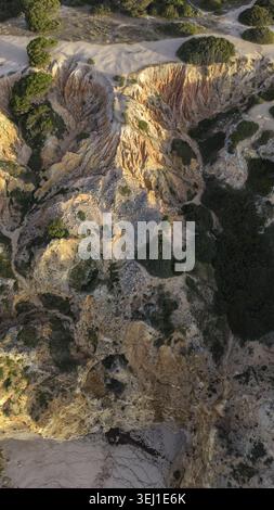 Vue aérienne des falaises de grès érodées avec une végétation verte et une plage de sable dans le district de Faro, Portugal. Banque D'Images