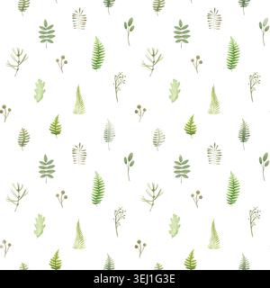 Motif botanique sans couture avec des feuilles de forêt délicates, des fougères et des branches des bois sur blanc. Illustration aquarelle peinte à la main texture de la nature. Banque D'Images